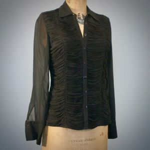 INC Sheer black ruched front long-sleeved blouse